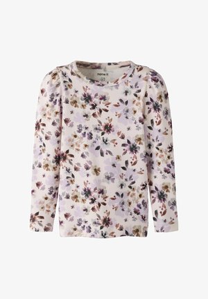 Koszulka z długim rękawem dla małego dziecka z pastelowym wzorem kwiatowym w odcieniach fioletu, brązu i beżu na jasnym tle.