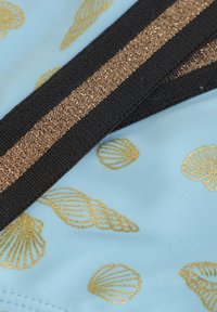 Ljusblått tyg med guldiga snäcka-mönster, med en svart kant prydd med ett guldrandigt inslag. Slät yta hela vägen.