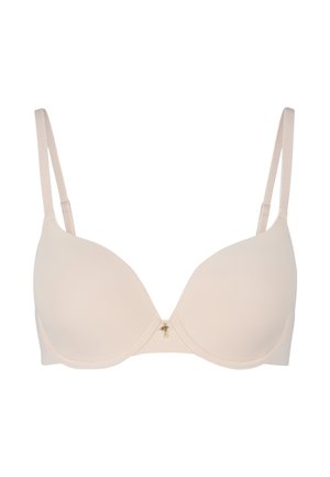 Soutien-gorge beige avec armatures, bonnets lisses et rembourrés, bretelles ajustables et un petit accent décoratif doré au centre.