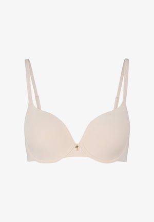 Beiger BH mit Bügel, glatten gepolsterten Schalen, verstellbaren Trägern und einem kleinen goldenen dekorativen Akzent in der Mitte.