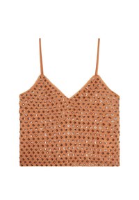 Top corto marrón sin mangas con un diseño de escote en V, decorado con lentejuelas dispuestas en un patrón floral, y con tirantes finos.