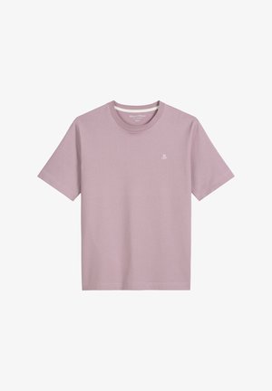 Lichtroze t-shirt met korte mouwen van zachte stof, voorzien van een ronde hals en een klein geborduurd logo op de borst.