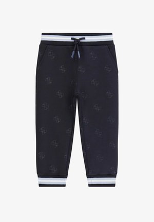 Navy sweatpants featuring an all-over logo pattern, elastic waistband with drawstring, side pockets, and striped cuffs. Soft fabric texture.