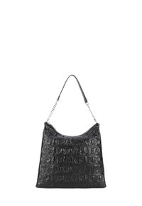 Borsa a spalla nera con motivo logo in rilievo, texture liscia e dettaglio a catena. Presenta una forma morbida e apertura superiore.