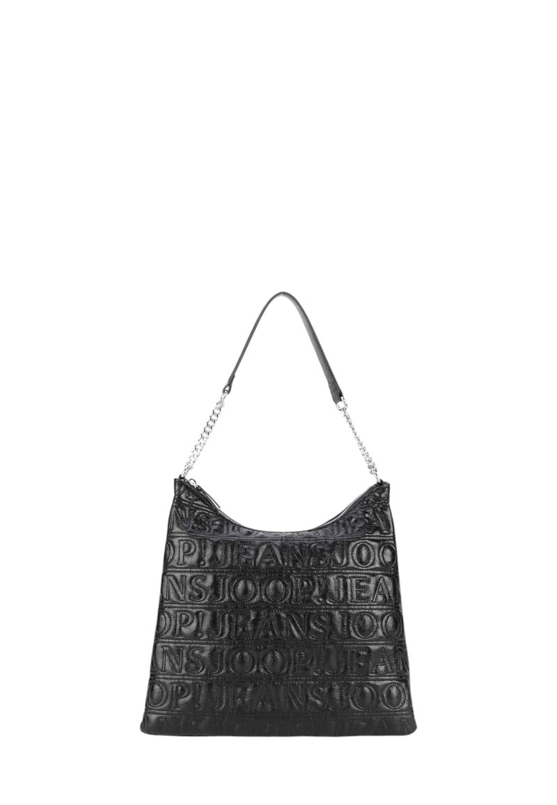 Borsa a spalla nera con motivo logo in rilievo, texture liscia e dettaglio a catena. Presenta una forma morbida e apertura superiore.