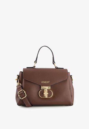 Braune Lederhandtasche mit strukturiertem Design, goldenen Beschlägen und einem oberen Tragegriff. Sie verfügt über einen Magnetverschluss und einen verstellbaren Schultergurt.