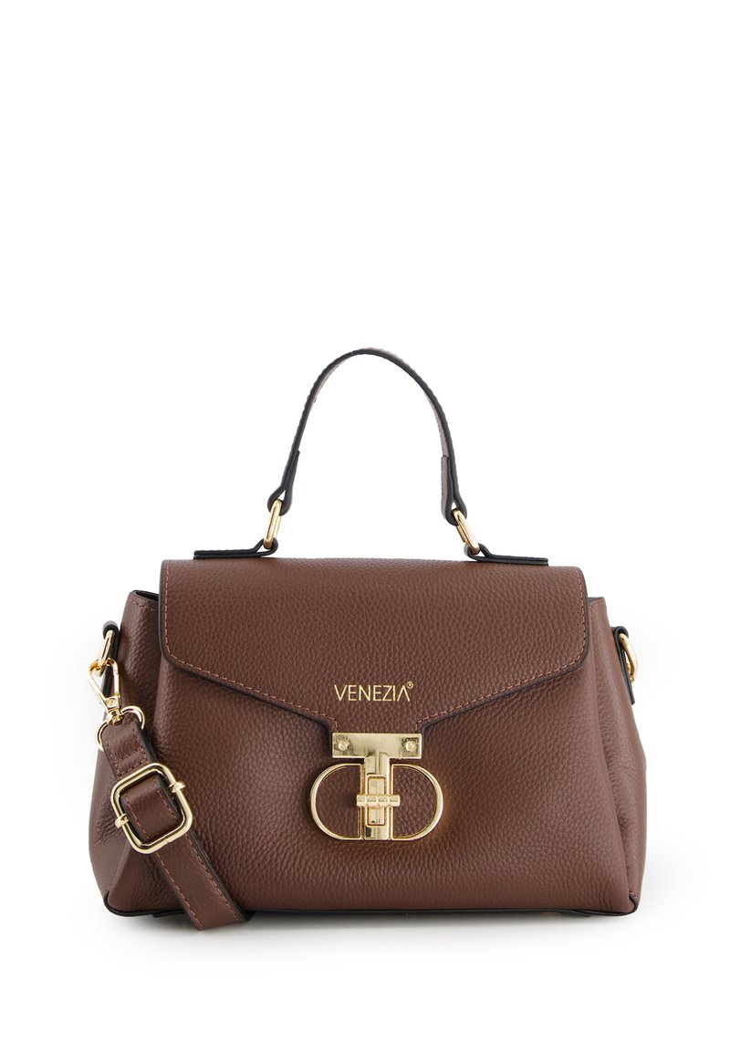 Braune Lederhandtasche mit strukturiertem Design, goldenen Beschlägen und einem oberen Tragegriff. Sie verfügt über einen Magnetverschluss und einen verstellbaren Schultergurt.