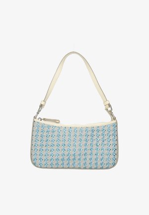 Torba pleciona z jasnoniebieskim i kremowym wzorem, skórzanym paskiem, zamknięciem na zamek i gładką teksturą. Kompaktowy prostokątny kształt.