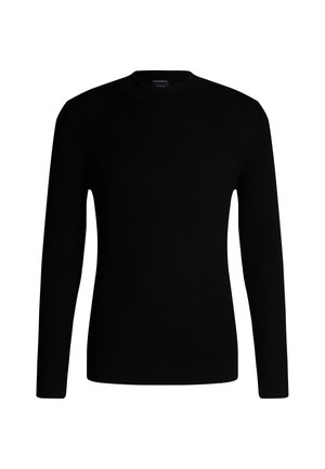 Zwarte lange mouwen geribbelde gebreide trui met een ronde hals, weergegeven op een effen witte achtergrond.