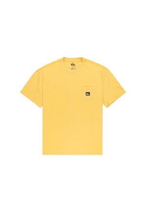 Yellow cotton short-sleeve t-shirt with a round neck and a left chest pocket featuring a black logo patch. Smooth texture, simple design.