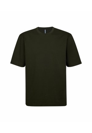 Camiseta de algodón de color verde oscuro. Presenta un cuello redondo clásico, mangas cortas y un ajuste relajado con bordes limpios y sin patrones visibles.