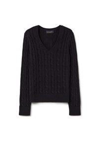 Dunkelblauer gestrickter Pullover mit V-Ausschnitt, Kabelmuster, gerippten Bündchen und Saum. Weicher Stoff, lange Ärmel und ein durchgängiges Design.