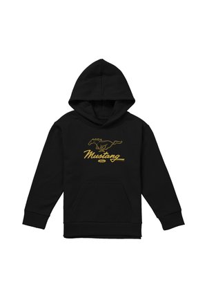 Black hooded sweatshirt with front pocket featuring a gold Mustang horse logo and the word "Mustang" in cursive.