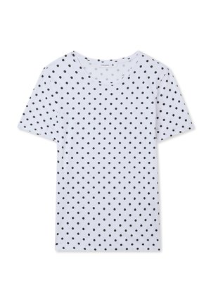 T-shirt bianco con un motivo a pois neri, maniche corte e scollatura tonda. Realizzato in tessuto morbido con una consistenza liscia.
