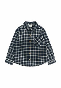 Camisa de franela de cuadros en azul marino y blanco, con mangas largas, cierre de botones en la parte delantera y un único bolsillo en el pecho. Textura suave, dobladillo redondeado.