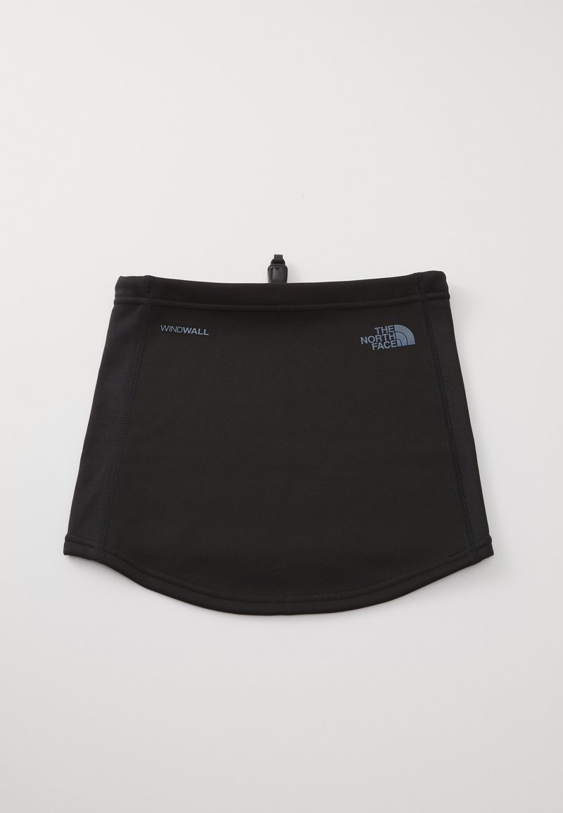 Fekete nyakgaiter The North Face logóval és "WINDWALL" felirattal, fehér háttér előtt laposan hajtva.