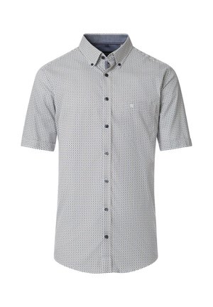 Kurzärmliges Button-Up-Hemd aus hellgrauem Stoff mit einem kleinen schwarz-weißen Punktmuster. Verfügt über einen Standardkragen und eine Brusttasche.