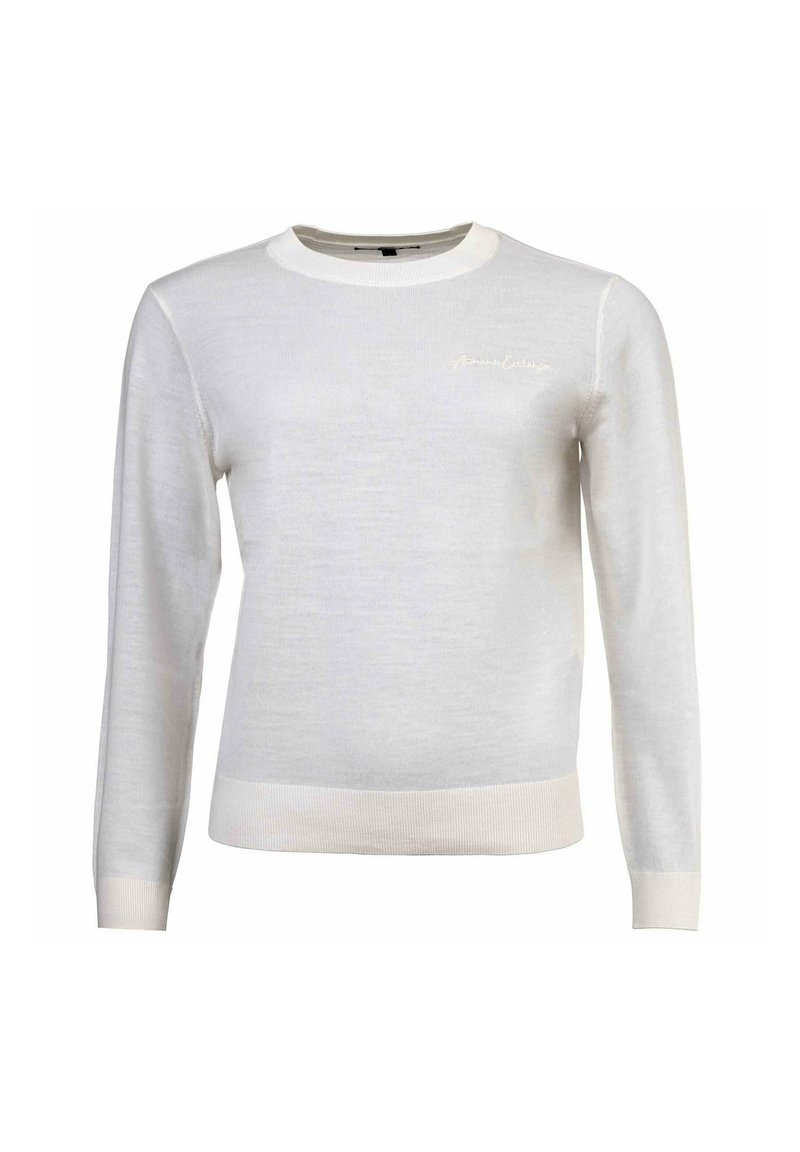 Maglione bianco lavorato a maglia con maniche lunghe, scollo rotondo e polsini a coste. Presenta un logo ricamato discreto sul petto. Texture morbida.
