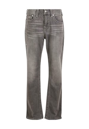 Jeans grigi da uomo a gamba dritta con bottone e cerniera frontale, passanti per cintura e tasche davanti e dietro.