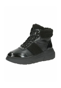 Sneakers alte nere con un upper in pelle lucida e tessuto morbido, caratterizzati da una suola spessa e un design con lacci sulla parte frontale.