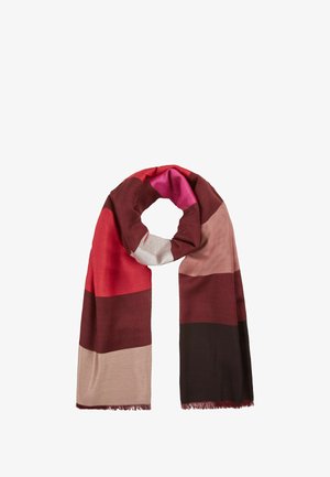 Gewebter Schal mit Streifen in Rot-, Rosa-, Braun- und Beigetönen, mit ausgefransten Kanten und einer weichen Textur.