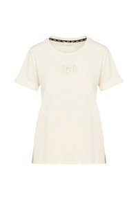 T-shirt crema a maniche corte con scollatura rotonda, caratterizzata da un dettaglio logo testurizzato sul petto e spacchi laterali per un maggiore comfort nei movimenti.