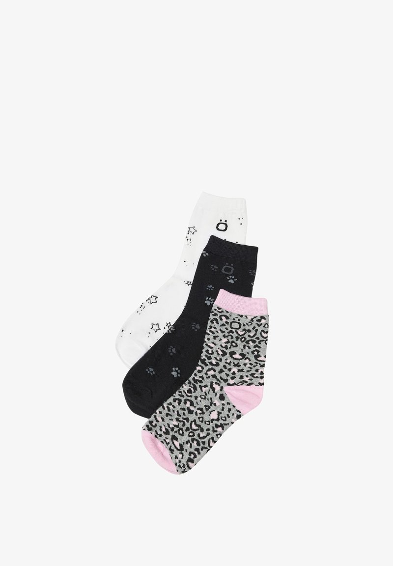 Set di tre paia di calze: bianche con motivo a stelle, nere con impronte di zampa e grigie con motivo leopardato e dettagli rosa. Materiale in misto cotone.