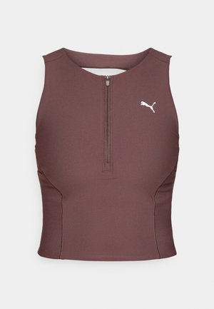 Bruine cropped sporttop met een ritssluiting aan de voorkant, gemaakt van gladde stof en met een klein wit logo op het linkerborstgebied.