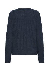 Námořnický modrý svetr s ribovaným kabelovým pletením, kulatým výstřihem a dlouhými rukávy. Zadní pohled ukazuje texturu a rovný lem.