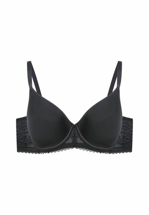 Schwarzer Unterwäscher mit glatten Körbchen, verstellbaren Trägern und einem Spitzen-Rückenband mit floralem Muster und gewellten Kanten.