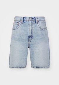 Light blue denim shorts with a straight cut, high waist, five pockets, and contrasting stitching. Features a button and zipper closure.