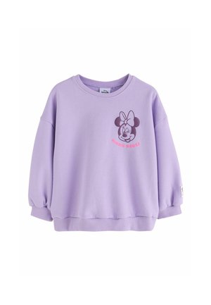 Lila kindersweatshirt met Minnie Mouse-gezicht en roze "Minnie Mouse" tekst op de linkerborst aan de voorkant.
