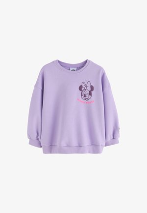 Lila kindersweatshirt met Minnie Mouse-gezicht en roze "Minnie Mouse" tekst op de linkerborst aan de voorkant.