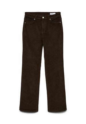 Brune corduroy bukser med lige ben design, der har en talje, fem lommer og hardware accenter i sølvfarve.
