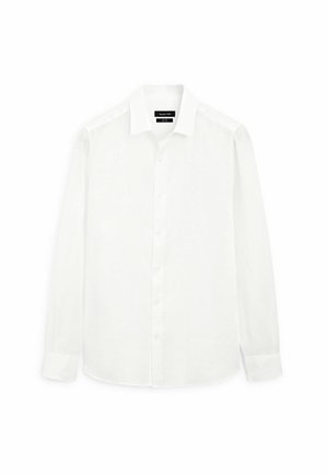 White long-sleeve shirt with a classic collar, button-down front, and straight-cut hem. Made from lightweight fabric with a smooth texture.