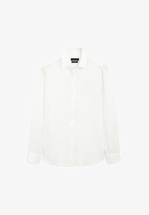 White long-sleeve shirt with a classic collar, button-down front, and straight-cut hem. Made from lightweight fabric with a smooth texture.