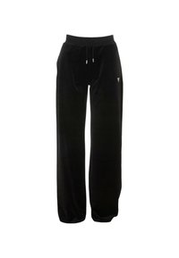 Pantaloni della tuta in velluto nero con cintura regolabile, tasche laterali e un sottile logo vicino all'anca. Vestibilità ampia e texture morbida.