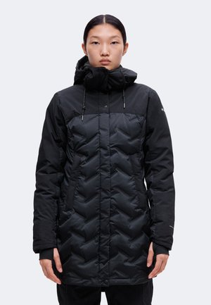 Personne aux cheveux lisses et foncés portant un manteau d'hiver noir matelassé avec col montant et poches avant, debout devant un fond clair uni.