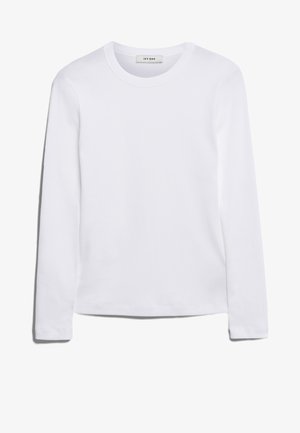 Camisola de manga longa branca feita de algodão canelado, com um decote redondo e uma bainha reta. Design simples, sem padrões ou detalhes.
