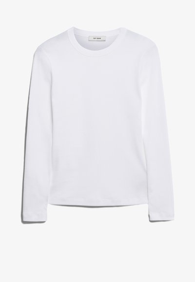 Langärmliges weißes T-Shirt aus geripptem Baumwollstoff, mit rundem Ausschnitt und geradem Saum. Einfaches Design ohne Muster oder Akzente.