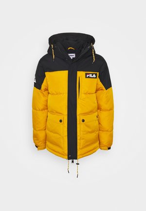 Gelbe und schwarze Steppjacke mit Reißverschluss vorne, Kapuze, Fila-Logo und zwei unteren Taschen, aus strukturiertem, gestepptem Stoff.