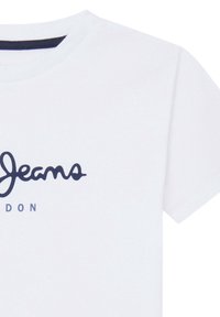 Bílá bavlněná tričko s kulatým výstřihem a krátkými rukávy. Na přední straně má vytištěné grafické logo v námořnické modré barvě.