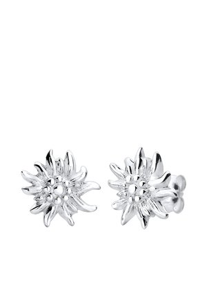 Silver flower-shaped earrings with textured petals and bead accents, featuring a polished finish and a secure stud backing.