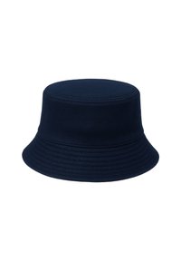 Navy blue bucket hat made of textured fabric, featuring a flat top and a wide, flexible brim with stitched detailing.