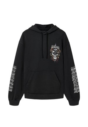Sort hættetrøje med frontlomme, dødningehoved og slange grafik med sværd på brystet samt gentaget "AllSaints" tekst i hvid på begge ærmer.