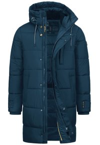 Giubbotto imbottito blu navy con cappuccio, caratterizzato da chiusura con zip e bottoni, numerose tasche e rivestimento interno in felpa per il calore.