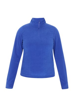 Sudadera de polar azul claro con un alto cuello y un cierre de media cremallera en el frente. Presenta mangas largas y un tejido suave y texturizado. Diseño simple.