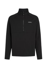 Zwarte pullover met een hoge kraag, een halve rits en lange mouwen. Heeft een strakke uitstraling met een wit "O'Neill" logo op de borst.