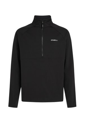Zwarte pullover met een hoge kraag, een halve rits en lange mouwen. Heeft een strakke uitstraling met een wit "O'Neill" logo op de borst.