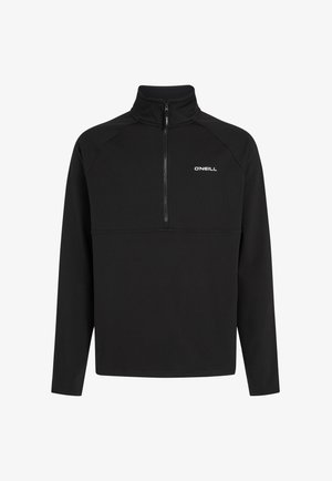 Zwarte pullover met een hoge kraag, een halve rits en lange mouwen. Heeft een strakke uitstraling met een wit "O'Neill" logo op de borst.